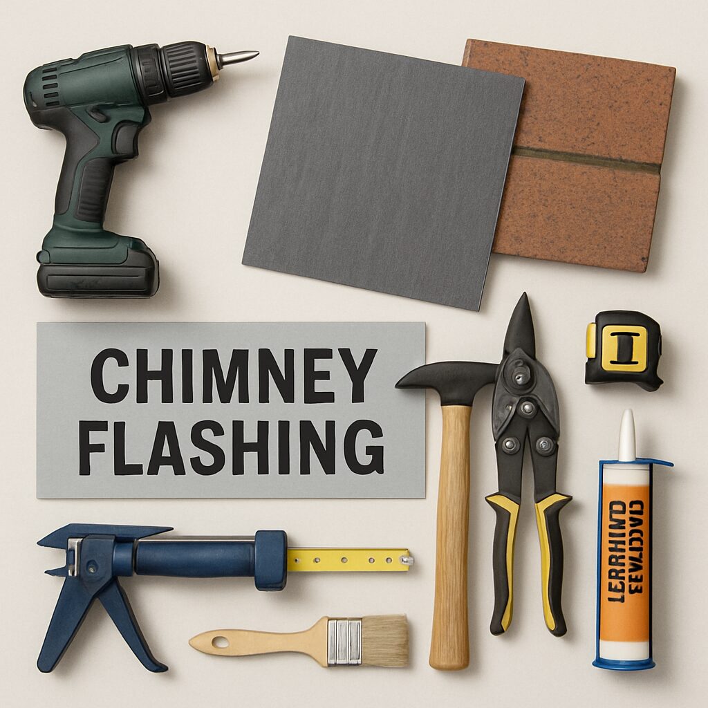 Set of tools and materials for chimney flashing installation