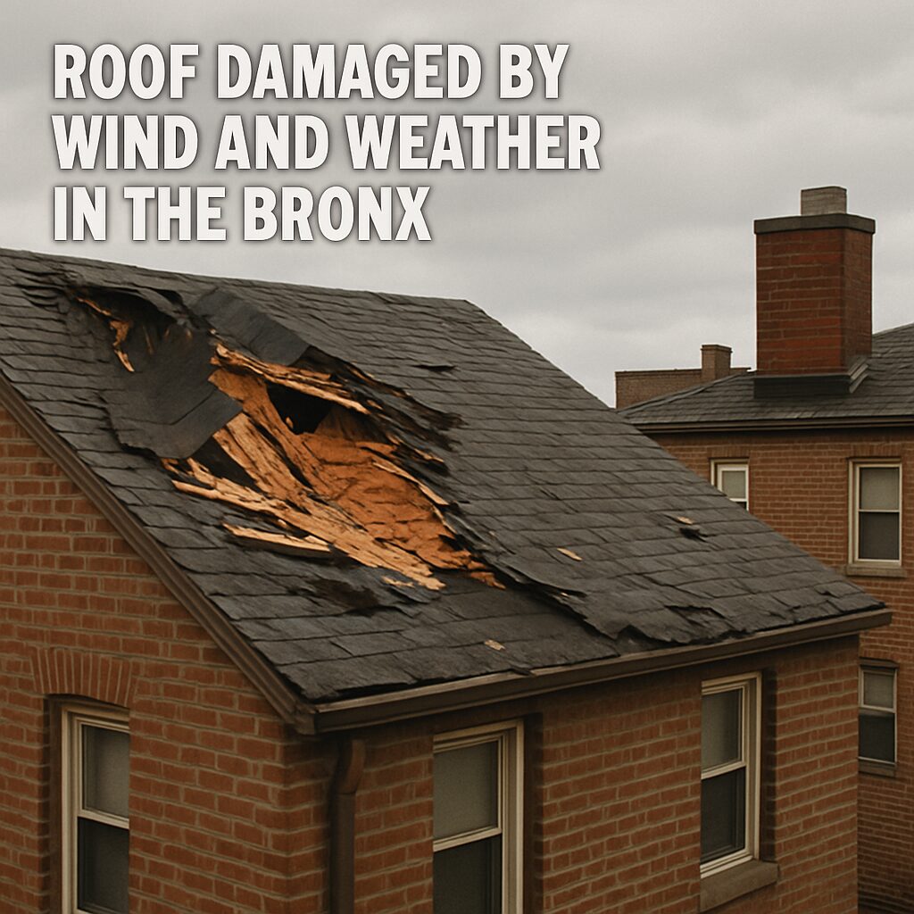 Roof damaged by wind and weather in the Bronx