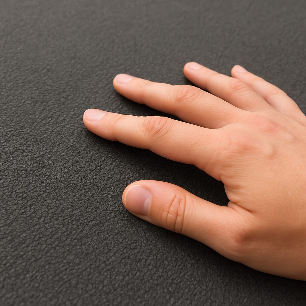 A clear, simple photo showing a hand touching a black, rubbery EPDM roof surface to illustrate its texture