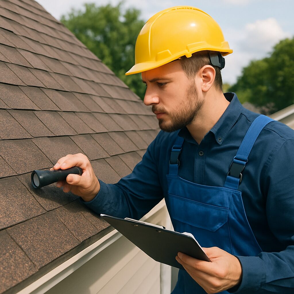 Professional roof inspector examining a roof