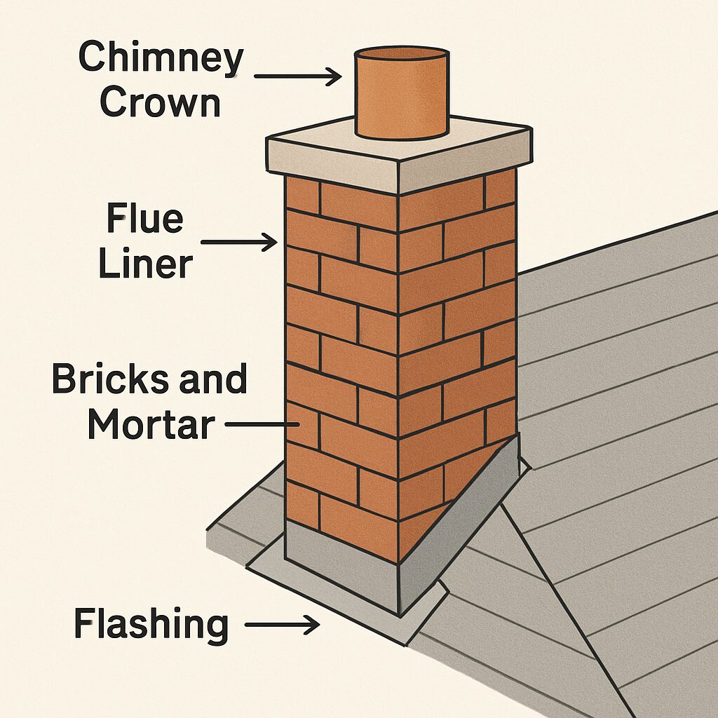 A clean, simple illustration of a standard brick chimney, with clear labels pointing to the 1) Chimney Crown (top cement slab), 2) Flue Liner (the pipe visible at the very top), 3) Bricks and Mortar, and 4) Flashing (the metal at the base where it meets the roof)